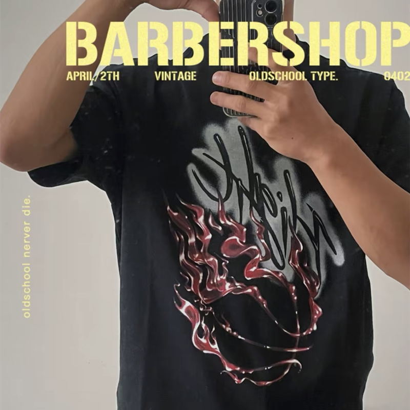 Travis Scott Flame printing water drill round collar and short sleeves